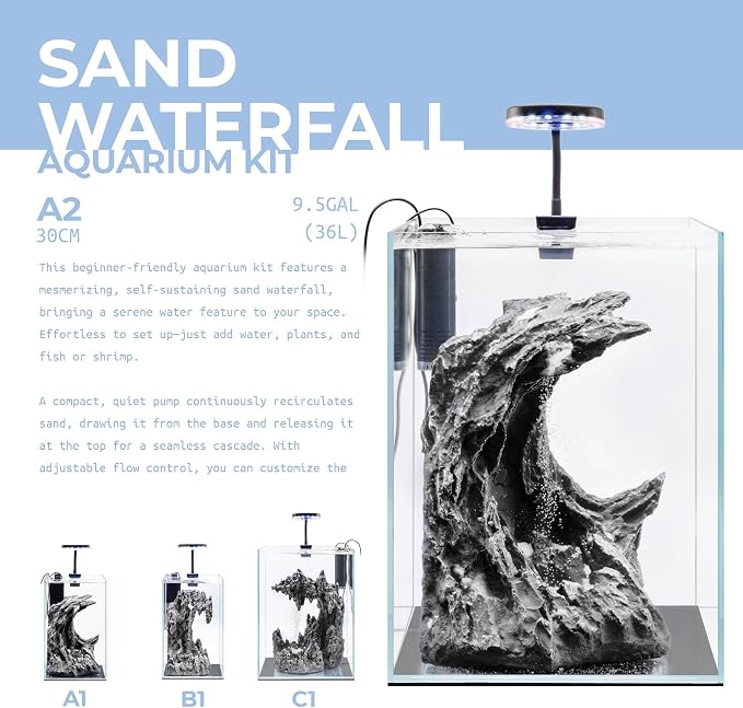 Sand Waterfall Tank Kit - Silent Operation Falling Sand Fish Tank w/LED Light and Self Cleaning Filtration - Desktop Rimless Starter Aquarium Kit, Just Add Plants - 9.51GAL | 36L (A2)