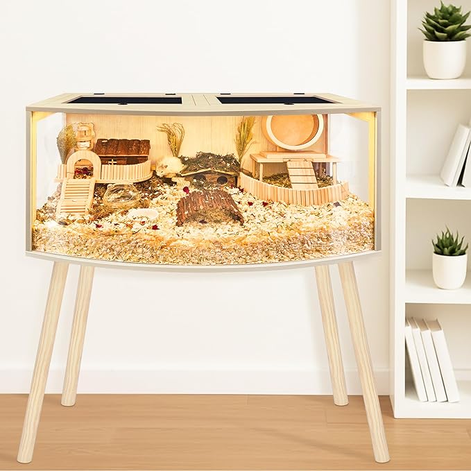 PROLEE Hamster Cage with Curved Design, Chew Proof Wooden Hamsters Enclosure with Leg Stand and Openable Top for Gerbils, Hamster Habitat (48"x20"x20")
