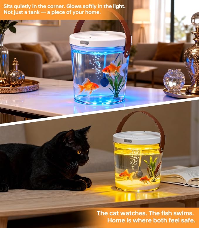 Betta Fish Tank Small Aquarium: 1.2L Portable Plastic Bowl Desktop Fishtank | Mini Beta Tank Kit Critter Keeper Transport Cage Container Travel Carrier Catch and Release for Beach Office Display
