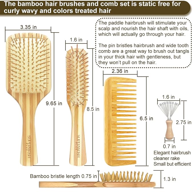 Bamboo Hair Brush Comb Set for Women Men, Wood Bristle Paddle Detangling Brush, Wide Tooth Comb for Curly Wavy Thick Thin Wet Dry Hair, Brush Cleaning Tool Included - 4 Pack