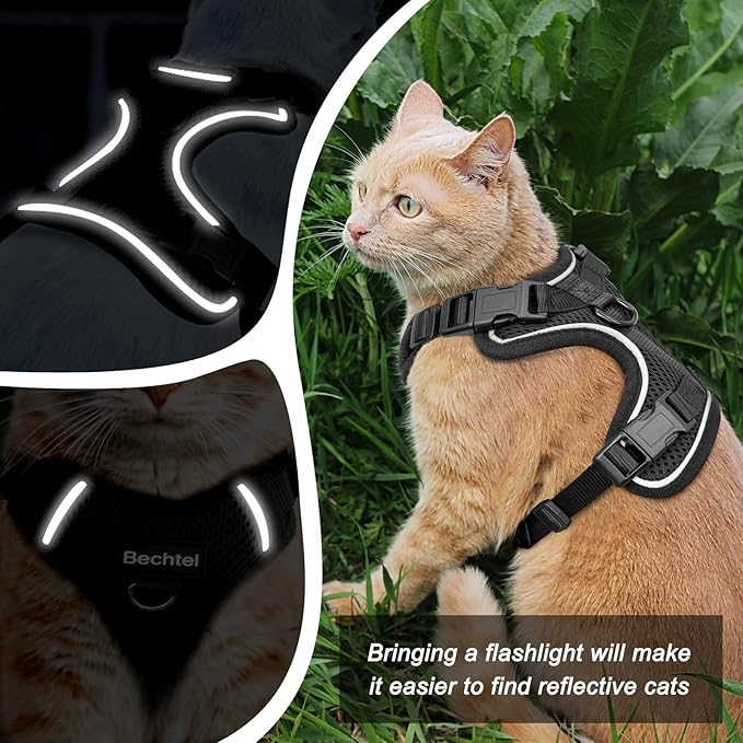 Cat Harness and Leash for Walking, The Upgrade Can be Adjusted in Four Directions and Breathable Cat Harness for Anti Escape that can be Fitted and Positioned, Reflective Strips Harness, Black, XS