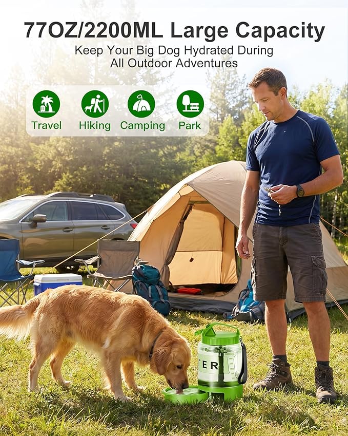 77oz Dog Water Dispenser, 2.2L Large Portable Dog Water Bottle with Pull-Out Drinking Bowl, BPA Free Leak-Proof Pet Travel Water Container for Camping, Hiking, Beach, Car Travel Essentials