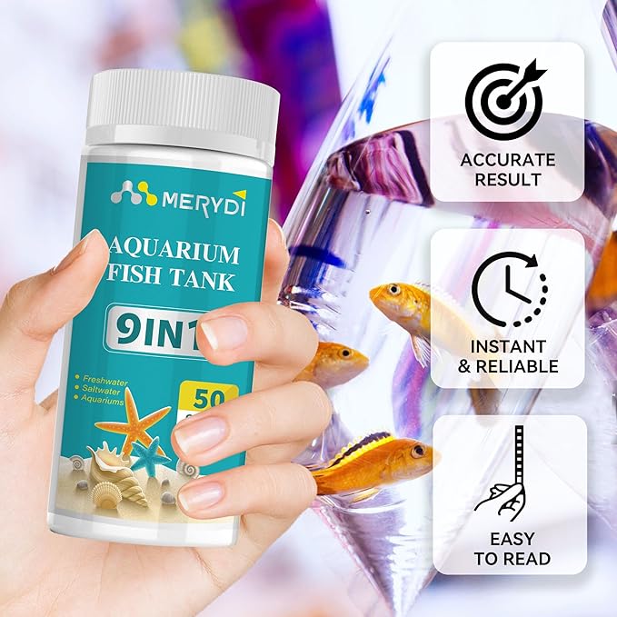 9-Way Aquarium Test Strips,50 Strips Aquarium Test Kit for Fish Tanks & Ponds, Quick & Accurate Water Testing Iron Copper Sodium Chlorine Nitrate Nitrite Total Alkalinity Hardness Free Chlorine pH