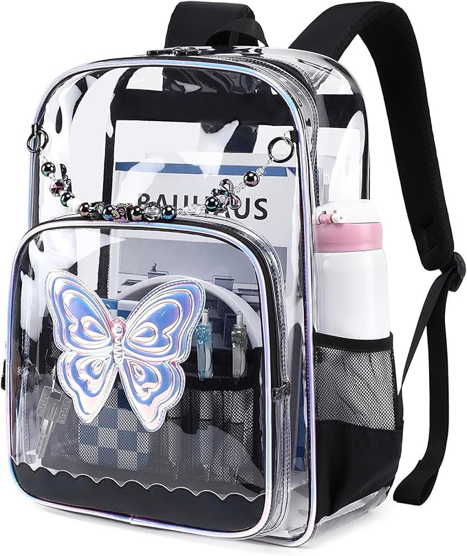 MUSEVOS Clear Backpack, Clear Bookbag for School PVC Heavy Duty Transparent Backpack for Girls, Black Butterfly