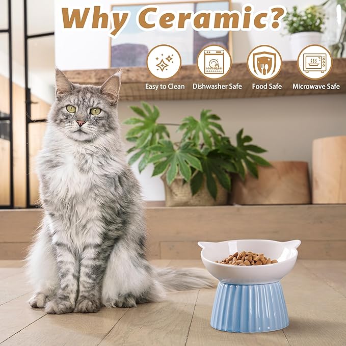 Ceramic Raised Cat Bowl，Tilted Raised Cat Bowl Anti Vomit Cat Bowls for Indoor Cats Whisker Friendly Pet Feeder for Cats Puppies, Microwave and Dishwasher Safe, Blue