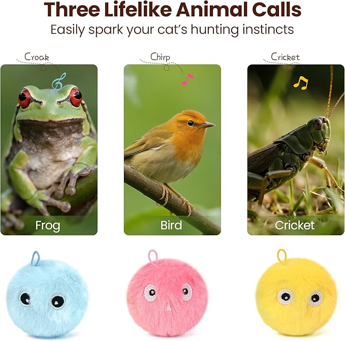 Chirping Cat Toy Balls, 3 Pack | Upgraded Plush Interactive Toy Balls, 3 Realistic Animal Sounds, Battery-Powered Motion Activated, Suitable for Indoor Kittens and Adult Cats Exercise Toy