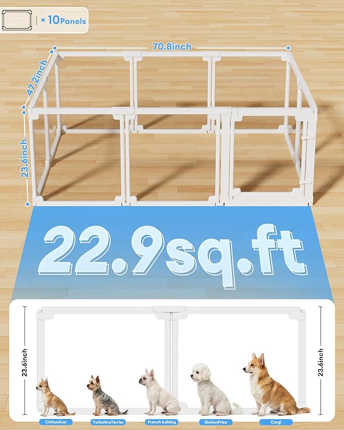 Clear Acrylic Dog Playpen Indoor,Tool-Free Assembly & Easy Clean,24 in Puppy Playpen with Door for Small Dogs/Cats/Rabbits/Pigs/Ferret,Indoor and Outdoor Use,10 Panels(White)