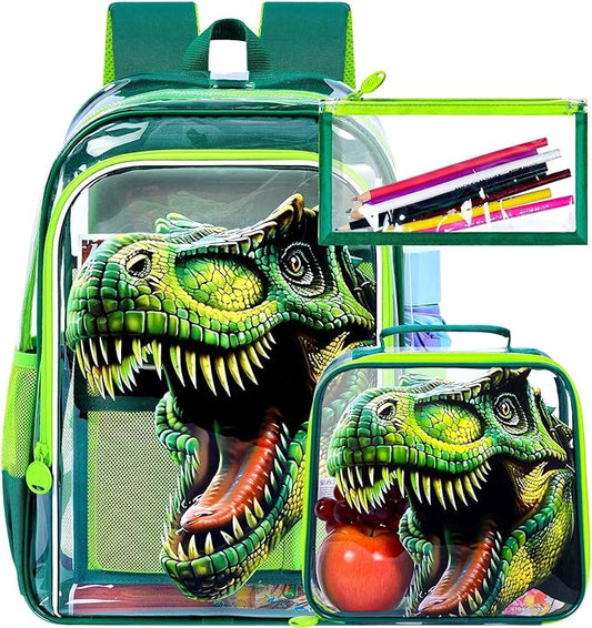 16" Dinosaur Clear Backpack for Boys - 3Pcs School Stadium Approved Transparent Set, Campus See Through Bookbag with Lunch Box (Green)
