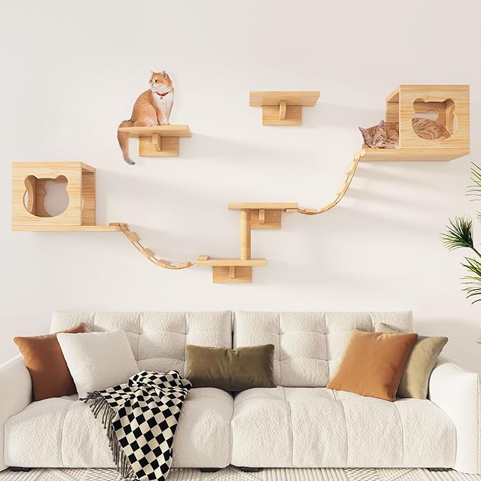 PETKABOO Cat Wall Shelves and Perches, Pine Wooden Cat Wall Furniture Climbing Shelves with Climber, Condo, Scratching Post, Ladder & Platform