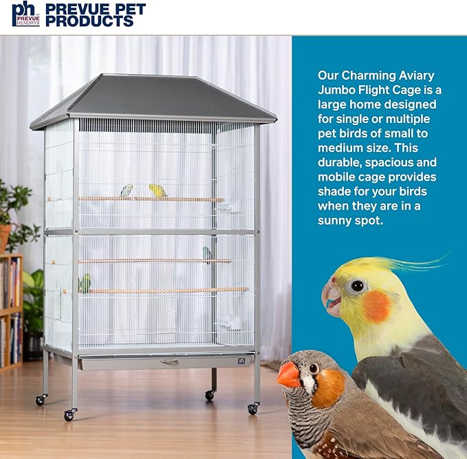 Prevue Pet Products Charming Aviary Jumbo Flight Cage - Large Metal Bird Cage with Rolling Stand, Perches, Feeders & Toy Bar, Ideal for Parakeets, Cockatiels, Lovebirds, Small & Medium Birds - Grey