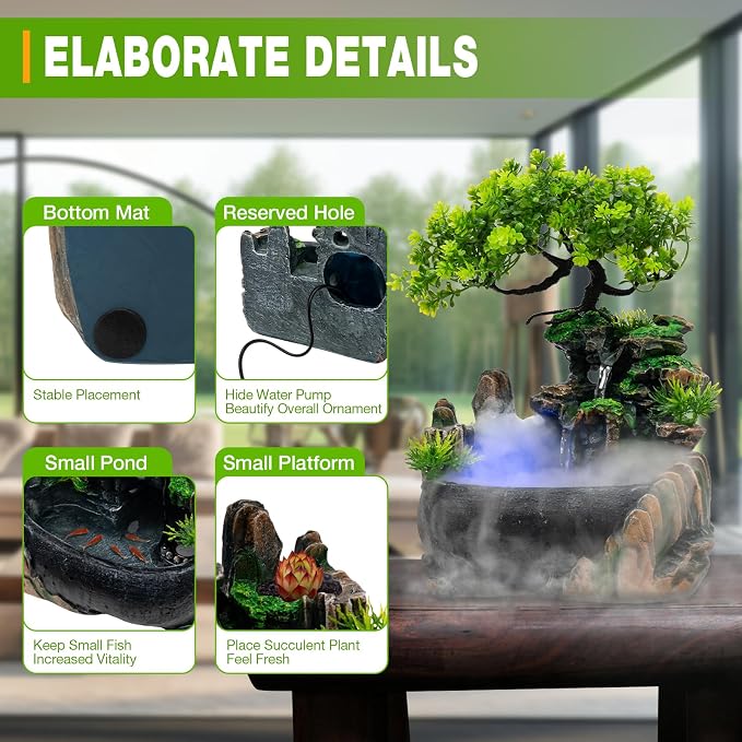 Indoor Fountain Rockery Tabletop Fountain with an Atomizer Elaxation | Water Feature Meditation Desktop Fountains for Home Office Decor or Gift 6.7''L x 5.9''W x 7''H with LED Light