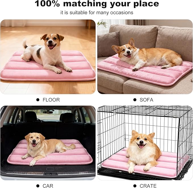 pobopobo Dog Crate Pad, Ultra Soft & Anti-Slip Kennel Mat, Secure Fit for Metal Crates & Dog Cages, Washable Cozy Bed for Small Medium Large Dogs (Pink, M(28"*16"*1.5"))