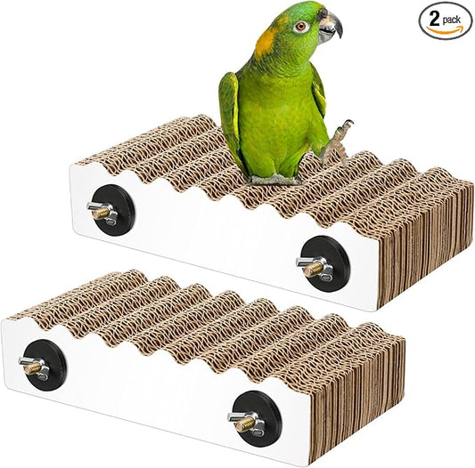 CroBlissful 2-Piece Bird Platforms - Macaw, Small Parakeet, Conure, Budgie - Brown Cardboard Bird Perch - Paw Grinding Stand - Parrot Playground