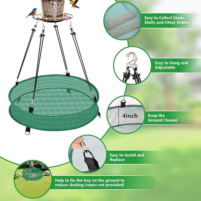 Lettry 2Pcs Bird Seed Catcher Tray with 8pcs Plastic Stakes for Hanging Bird Feeder Platform, Birdseed Hoop for Outdoor Garden Hanging Tray (Green, 18inch)