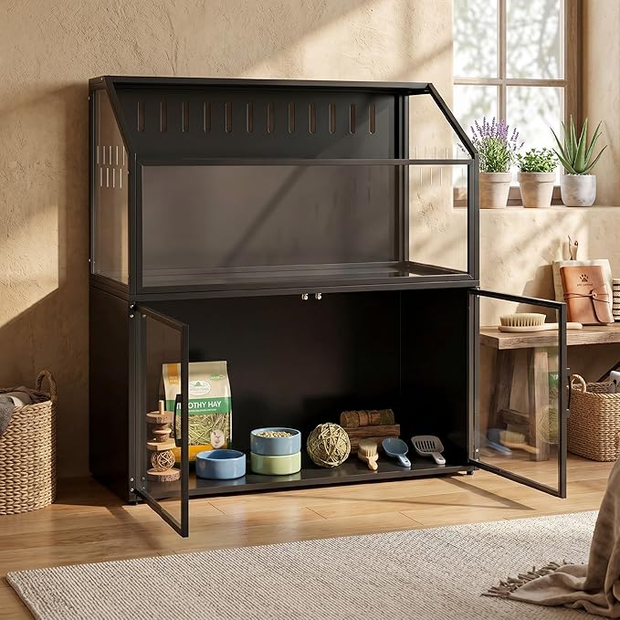 PawHut Hamster Cage with Storage Cabinet, Small Animal Cage with Openable Top and Easy-View Acrylic Panels, Large Guinea Pig Habitat for Rat, Hedgehog and Gerbil, 41" x 16" x 40" H, Black