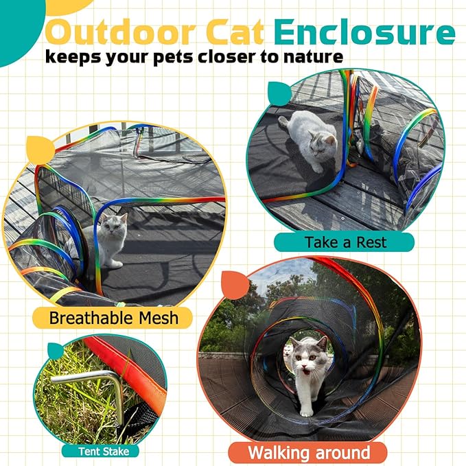 Portable Cat Enclosure - 2-in-1 Outdoor Catio with Tent & Tunnel, Foldable Playpen for Indoor Cats, Includes Storage Bag for Cats & Small Animals Rainbow Color