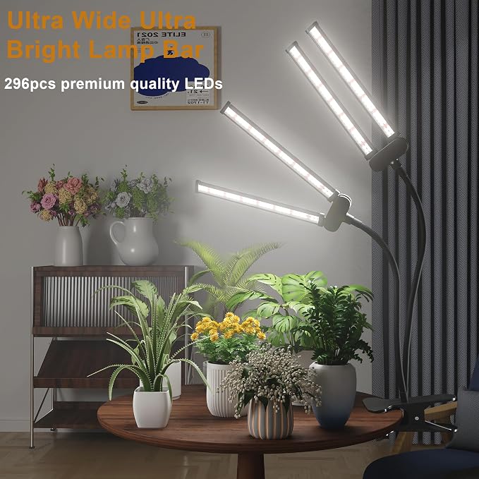 LED Grow Light,Super Bright 6000K White Full Spectrum Clip Plant Growing Lamp with Rotatable Dual Head for Indoor Desk Plants,Dimmable & Timer 4/8/12H,High Power Output for Faster Growth,2-Head