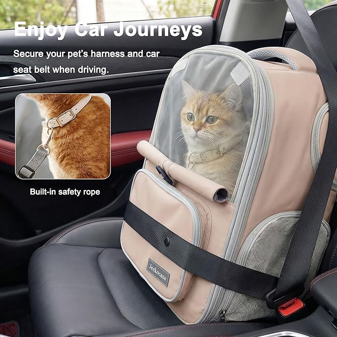 Cat Backpack Carrier Expandable, Breathable Mesh & Lockable Zippers & Shaded Curtains & Multi-Entry, Pet Backpack for Kitty Puppy Small Dogs Up to 18lbs for Travel, Hiking, Car, Vet(Khaki)