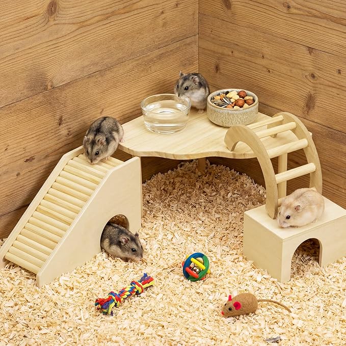 BreezeHug 4 Pcs Hamster Platform Hideout Wooden Tunnel Ladder Playhouse Hamster Game Climbing Toy with Platform Cage Accessories for Pets Dwarf Syrian Mice Degus Gerbils Squirrel(Log Cabin)