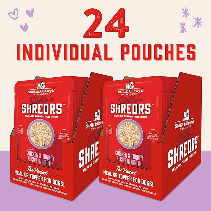 Stella & Chewy's Cage Free Chicken & Turkey Shredrs - Premium Dog Food Pouches - Perfect For Picky Eaters - 24 Pack, 2.8oz Each