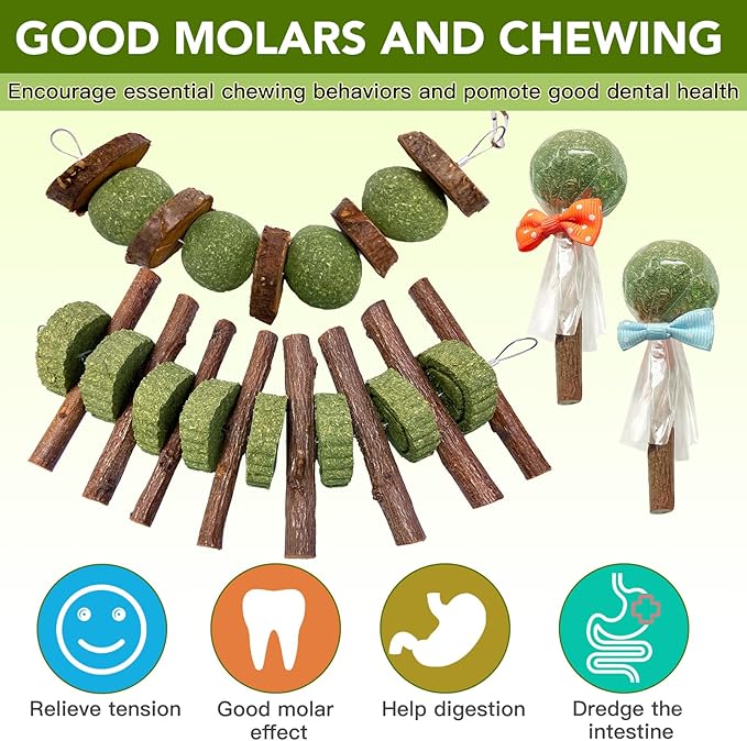 Jorewood 3 Pcs Bunny Chew Toys with 3 Pcs Rabbit Chew Lollipop for Teeth Grinding, Improve Dental Health, Treats for Rabbits Guinea Pigs Chinchillas Bunnies Hamsters