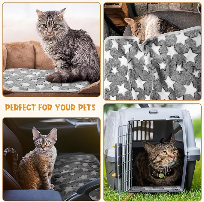 Tatuo 4 Pack Fleece Dog Blankets for Puppy Cats Multi-Size Sleep Mat for Pet Guinea Pig Soft Washable Crate Bed Puppy Teething Toys Print Pattern Warm Blanket Indoor(White,Grey,24 x 16 Inch,Star)
