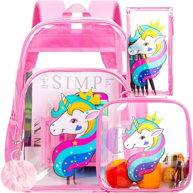 Clear Backpack for Girls and Boys, Kids Transparent Bookbag, 3PCS Cute See Through School Bag for Elementary Prechool
