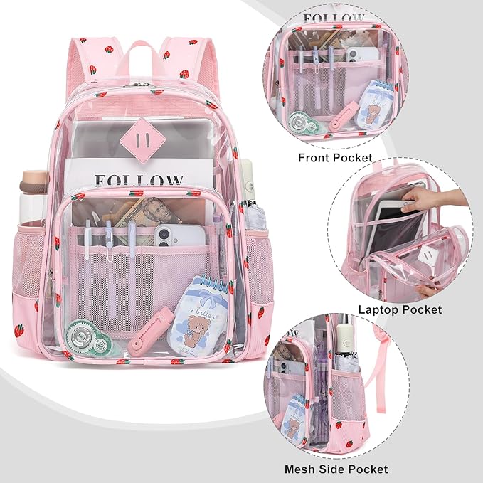 Clear Backpack for Girls Women School Bookbag Heavy Duty Transparent Backpacks (Pink Corduroy Strawberry)