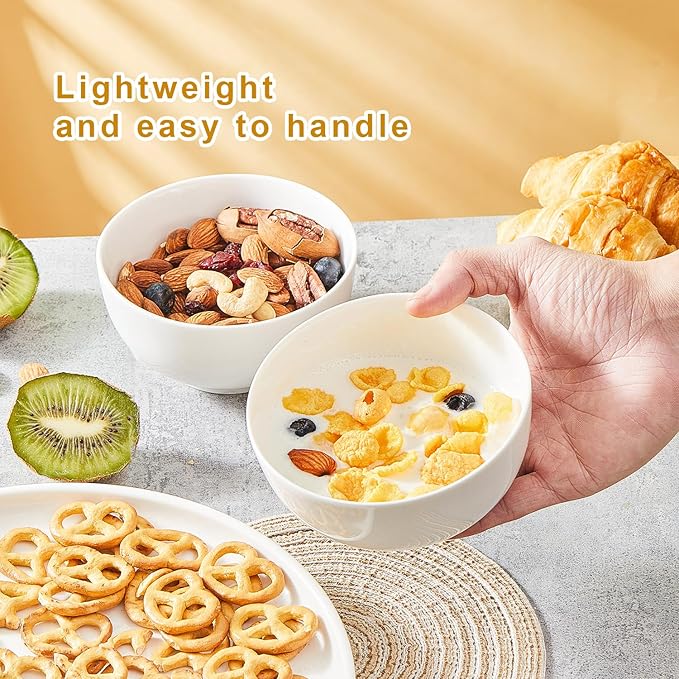 AntoKueh 5-Inch Ceramic Cereal Bowls Set of 6, 16oz Small Bowls for Breakfast, Snacks, Dessert - Microwave & Dishwasher Safe, White