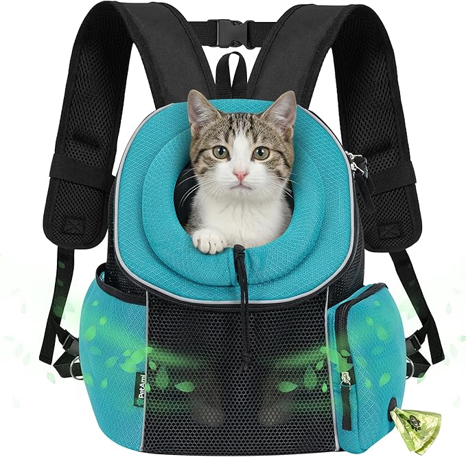 PetAmi Front Carrier Backpack, Ventilated Adjustable Pet Chest Carrier for Dog Cat, Hiking Camping Travel, Small Puppy Medium Cat Carrying Bag, Max 10 lb, Sea Blue