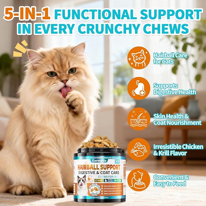 Hairball Treatment for Cats – 500 Crunchy & Creamy Hairball Treats for Cats – Indoor Feline Digestion Formula for Hairball Control, Cat Hairball Remedy & Digestive Support, Chicken & Krill Flavor