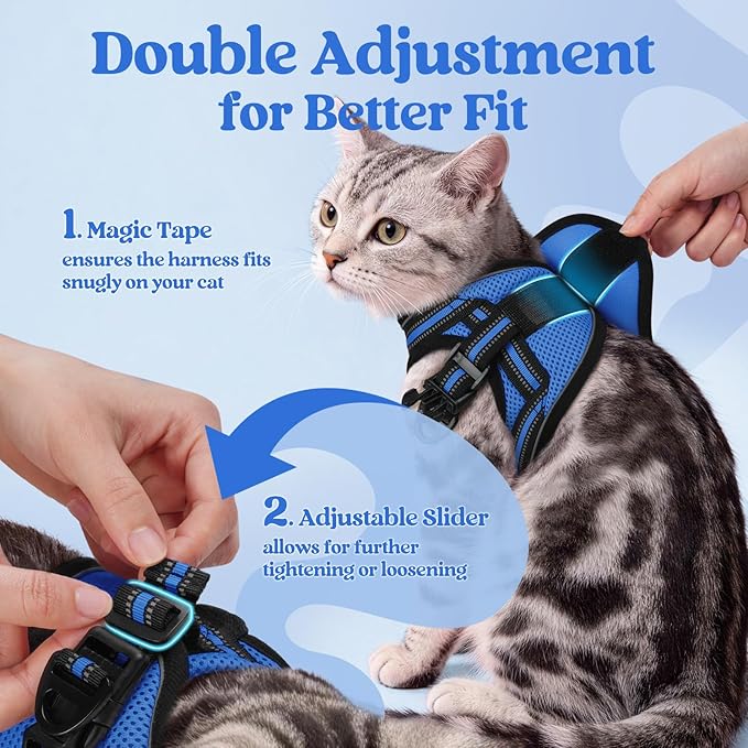 rabbitgoo Cat Harness and Leash Set for Walking Escape Proof, Adjustable Soft Kittens Vest with Reflective Strip for Cats, Comfortable Outdoor Vest, Blue, XL