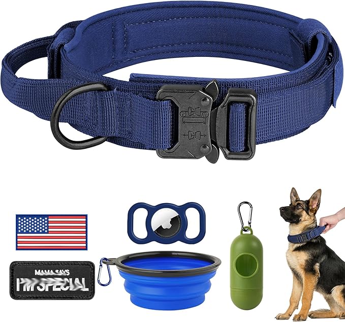 HYDEME Tactical Dog Collar Adjustable Nylon Collar with Control Handle and Heavy Metal Buckle for Medium and Large Dogs, with Patches&Airtags Case&Poop Bag Dispenser&Portable Bowl.(XL, DarkBlue)