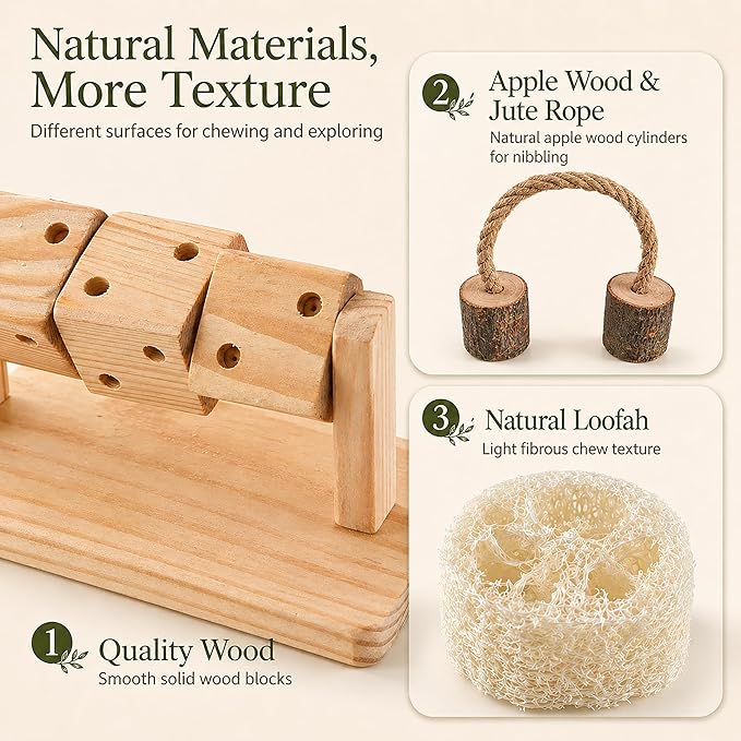4 in 1 Hamster Chew Toy Set, Wooden Foraging Toy with Rotating Cubes, Apple Wood Chew and 2 Loofah Chews for Hamsters, Gerbils, Mice, Small Animals