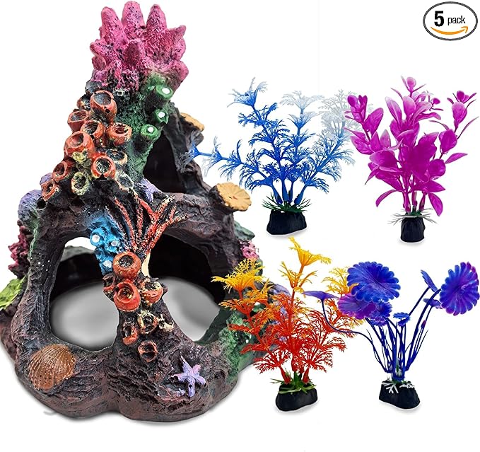 PINVNBY 5 PCS Colorful Coral Fish Tank Decorations, Resin Mountain Ornament and Artificial Plastic Plant for Goldfish Betta Fish Cave Hideout Sleep Rest Play Breed