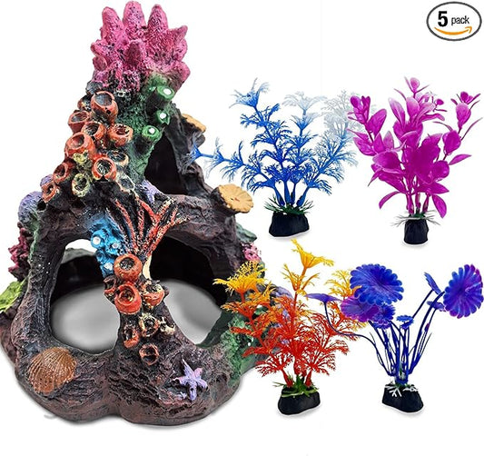 PINVNBY 5 PCS Colorful Coral Fish Tank Decorations, Resin Mountain Ornament and Artificial Plastic Plant for Goldfish Betta Fish Cave Hideout Sleep Rest Play Breed