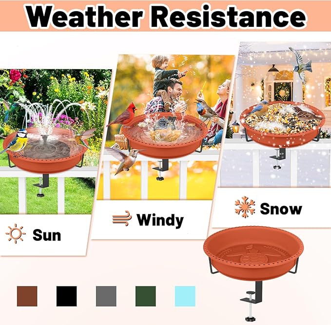 Bird Baths for Outdoors, Rustproof Metal Clamp Birdbaths & Birdfeeder with Detachable Plastic Basin, Outdoor Bird Feeding & Watering Station for Wild Birds Garden Patio Balcony (Brown)