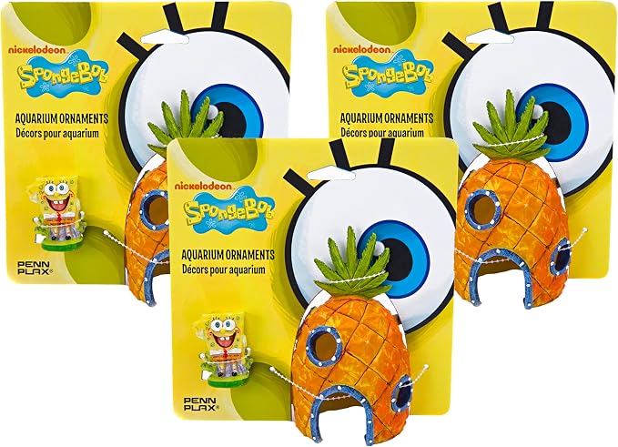 Penn-Plax Spongebob and Pineapple House Aquarium Ornament | 2 Piece Set | Great for Fresh or alt Water Tanks (Pack of 3)