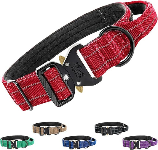 Tuff Pupper Tactical Dog Collar | Heavy Duty 1.5" Wide Ballistic Nylon | Training Control Handle | Quick-Release Metal Buckle | Reflective Bands | ID Tag Holder | Padded Inner Lining (Red, Medium)