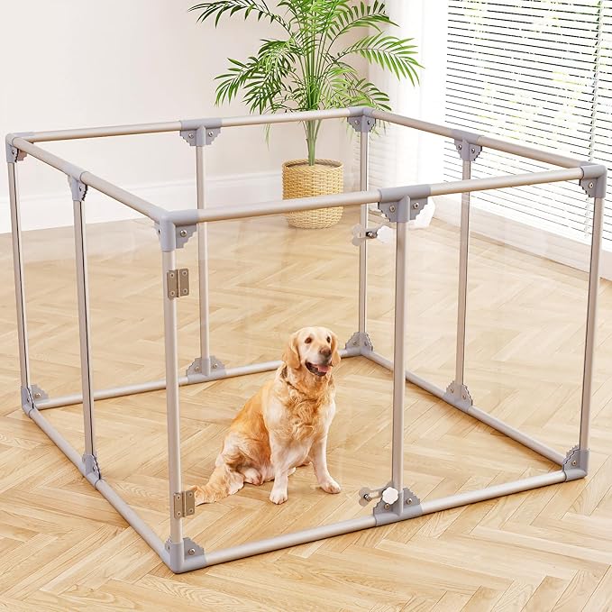 Clear Acrylic Dog Playpen, 8 Panels 29.5 Inch Tall Indoor Pet Play Pen with Door, Transparent Puppy Fence for Small Dogs, Dog Fence Crate Kennel Whelping Cage