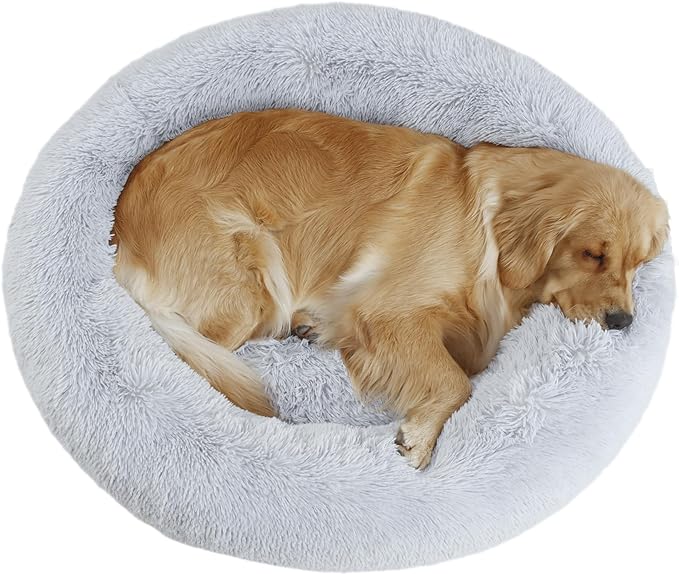 Bunlitent 39'' inch Calming Dog Bed, Plush Anti-Anxiety Donut Dog Bed for Small Medium Large Dogs, Warming Cozy Soft Cute Round Washable, Marshmallow Cuddler Nest Pet Bed, Grey