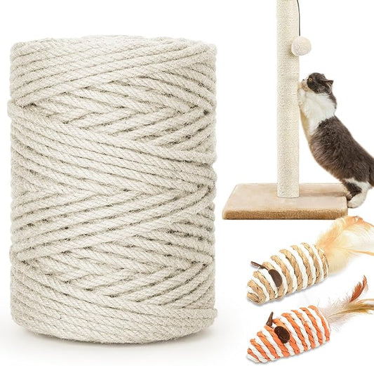 262FT/80M Cat Scratching Sisal Rope, 6mm 1/4 inch Thick Natural Jute Rope for Scratch Posts, Cat Trees, DIY Projects, Sisal Rope for Cat Scratcher with 2 Cat Mouse Toys (White, 262ft)
