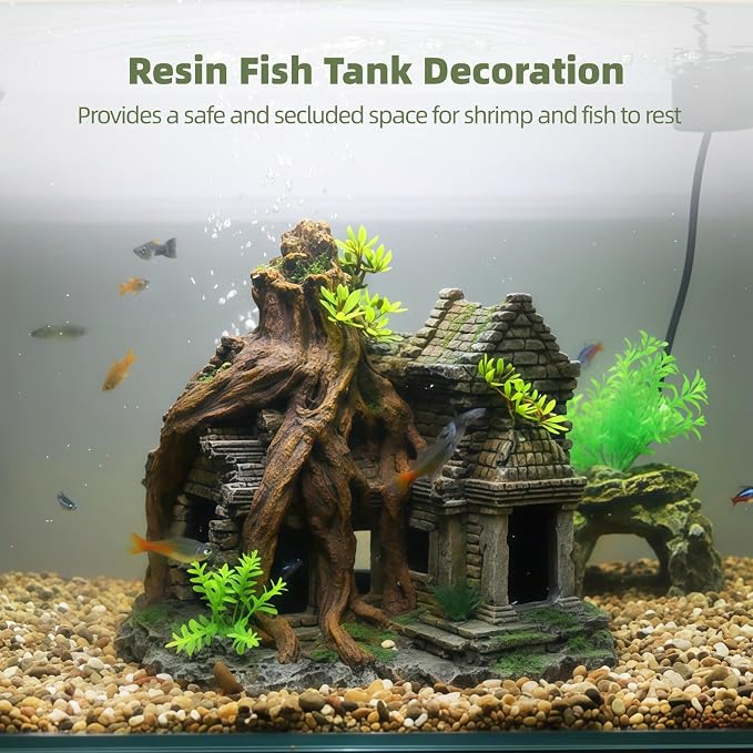 Resin Fish Tank Decoration, 9.1 in Large Aquarium Decoration, Fish Hiding Cave with Ancient Stone Texture, Aquarium Tree Root Ornament, Safe for Salt & Freshwater Fish Tank