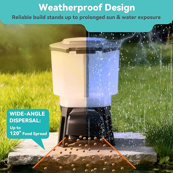 Solar Automatic Fish Feeder for Pond, Large Capacity 23L, Auto Outdoor Koi Fish Feeder, Programmable Auto Timer, Automatic Dispenser for Vacation, Big Tank, Battery & AC Electric Power