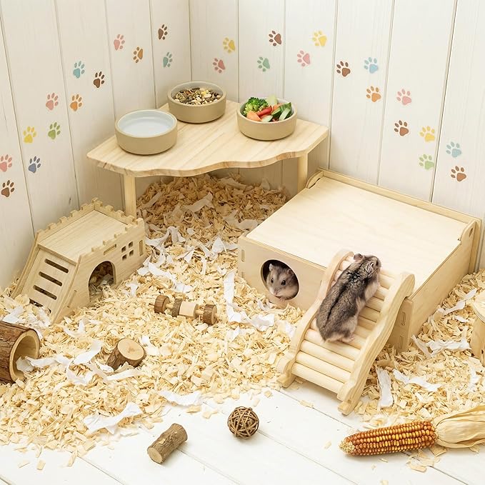 BreezeHug 4 Pcs Hamster Platform Hideout Wooden Tunnel Ladder Playhouse Hamster Game Climbing Toy with Platform Cage Accessories for Pets Dwarf Syrian Mice Degus Gerbils Squirrel(Castle)
