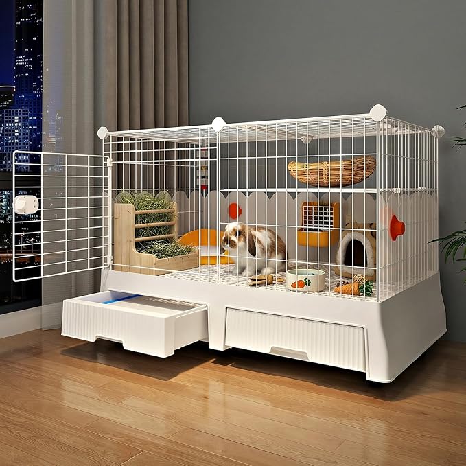 Oneluck Large Rabbit Cage Indoor,2-Story Bunny Hutch with Rasied Urine-Proof Walls, Leak-Proof Trays, Wheels,37" L x22 W x 30" H for Rabbits, Chinchillas, Guinea Pig and Small Animals