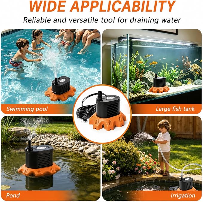 Pool Cover Pump Above Ground, 850 GPH Submersible Sump Pump for Pool Drain | 16FT Drain Hose, 25FT Power Cord, 3 Adapters, Safety and Sturdy, Powerful Water Removal for Pool Cover and Above Ground Pool