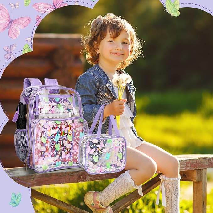Kacctyen 3 Pcs Clear Backpack Heavy Duty Clear Stadium Bag Transparent Backpack with Lunch Bag(Purple,Butterfly)