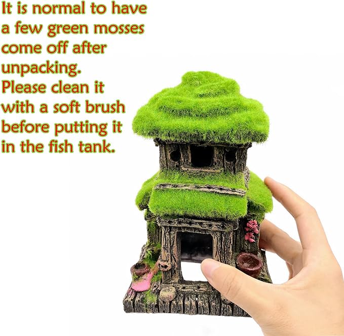 M2cbridge Aquarium Decorations Fish Hideout House Betta Cave with Green Lifelike Moss (Style 3)