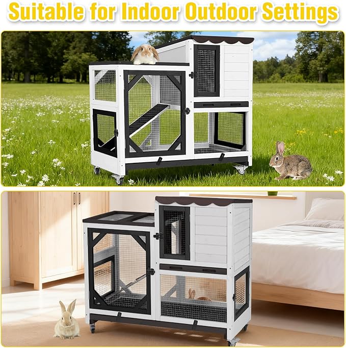 Aivituvin 2-Story Large 39.3" Rabbit Hutch, Opening Roof Bunny Cage with Chew-Proof Ramp, Leak-Proof Tray and Locking Wheels, for 2-4 Rabbits (Black/White)